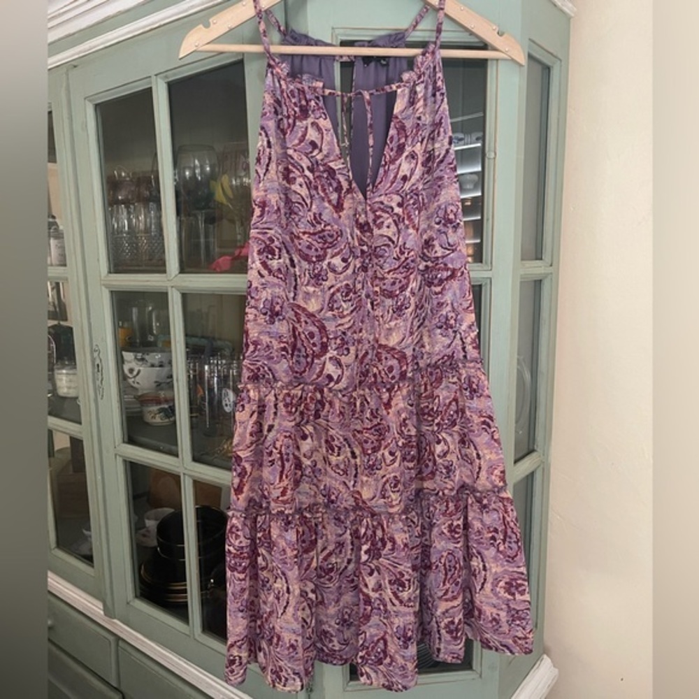 Drew‎ X Anthro purple paisley layered vneck ruffle flowy dress keyhole detail, S